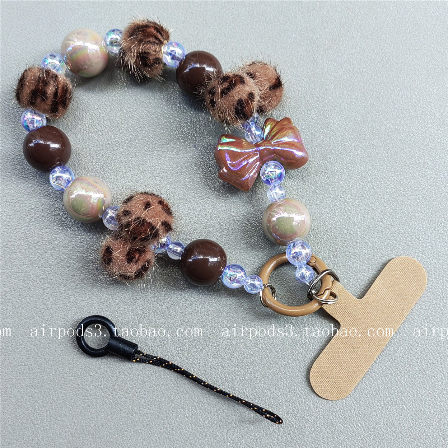 ins小香风蝴蝶结豹纹毛球短款手机挂绳手腕链ccd相机串珠包包挂