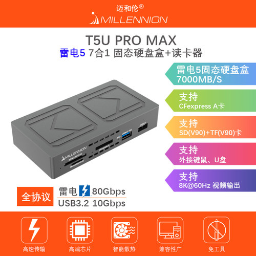 迈和伦T4U PRO MAX 7合1雷电40Gbps硬盘盒NVMe+CFA/SD/TF读卡器