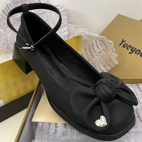 月牙儿正品撤柜法式复古真皮女鞋一字扣夏季蝴蝶结真皮浅口工作鞋