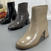 真皮切尔西靴高跟短靴女2025秋冬款 粗跟单靴方头马丁靴洋气瘦瘦靴