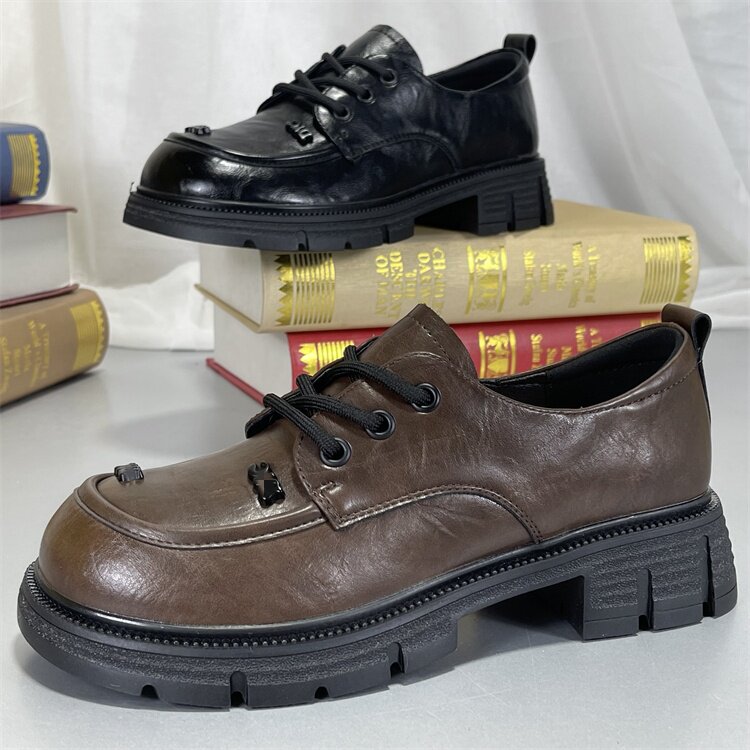 软牛皮厚底乐福鞋女2025春秋新款复古英伦风小皮鞋系带百搭单鞋子,女鞋,乐福鞋（豆豆鞋）,淘宝优惠券,粉丝福利购,淘宝优惠卷