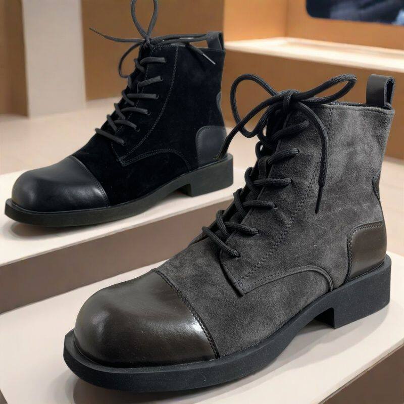 头层牛皮拼接羊皮~专柜正品加绒马丁靴复古英伦真皮短筒靴机车靴