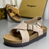 软厚底休闲沙滩磨砂皮罗马鞋 月芽儿真皮勃肯凉鞋 女夏外穿2026新款