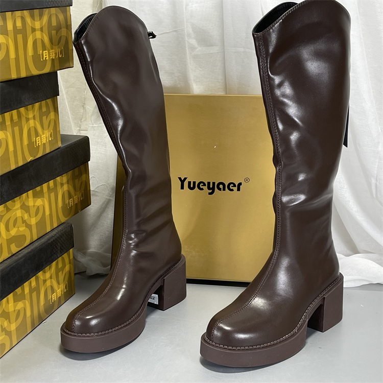 月芽儿真皮粗跟长筒靴后拉链圆头厚底真皮棕色骑士靴不过膝瘦瘦靴