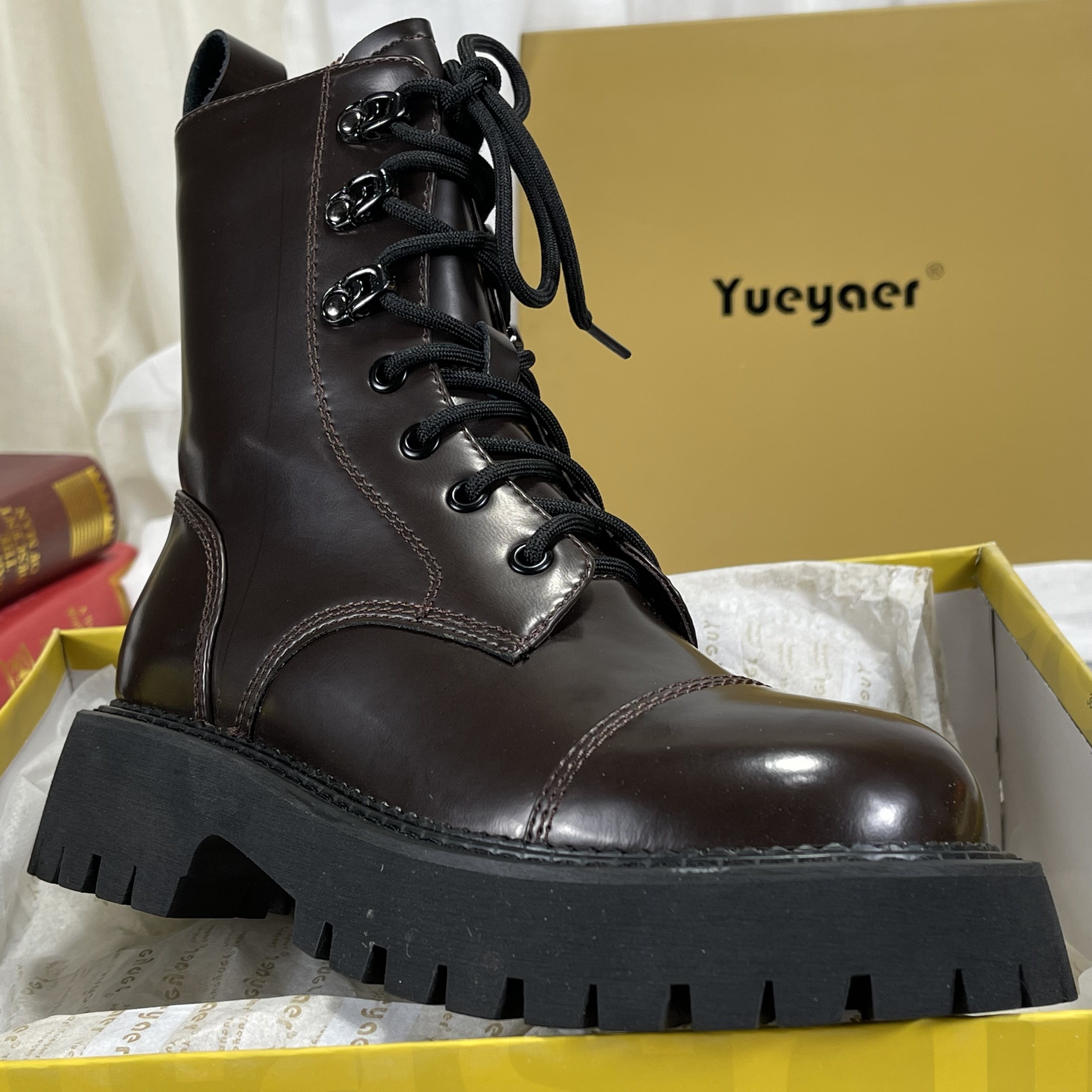 月芽儿专柜头层牛皮马丁靴侧拉链复古棕色侧拉链大头厚底骑士靴子,女鞋,马丁靴,淘宝优惠券,粉丝福利购,淘宝优惠卷