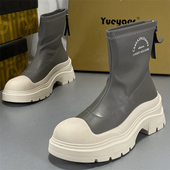 月芽儿瘦瘦靴女微瑕疵发黄休闲高帮厚底运动马丁靴女真皮短筒靴子