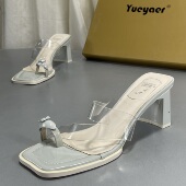 月芽儿撤柜夹趾高跟凉鞋 透明一字带外穿粗跟凉拖鞋 女2026新款 夏季