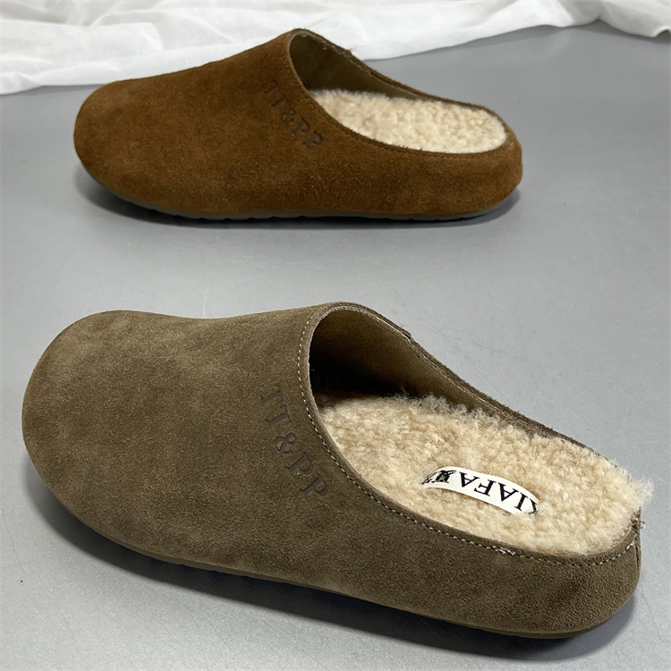 厚底勃肯鞋磨砂牛皮加绒包头半女拖鞋外穿2025秋冬一脚蹬真皮棉鞋