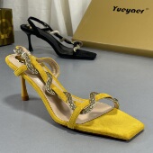 蛇形细跟羊皮性感高跟鞋 月芽儿方头露趾水钻一字带凉鞋 女2026新款