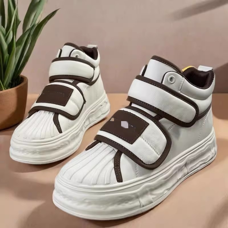 美拉正品女鞋头层牛皮高帮小白鞋厚底运动鞋春秋款真皮魔术贴板鞋