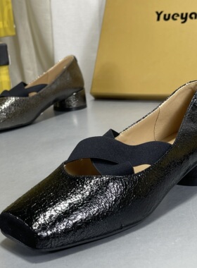 月芽儿方头玛丽珍鞋女20265春款交叉带芭蕾舞鞋中跟工作鞋单鞋子