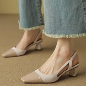 拼色侧空高跟鞋 女2026新款 夏季 小香风真皮法式 玛丽珍包头粗跟凉鞋