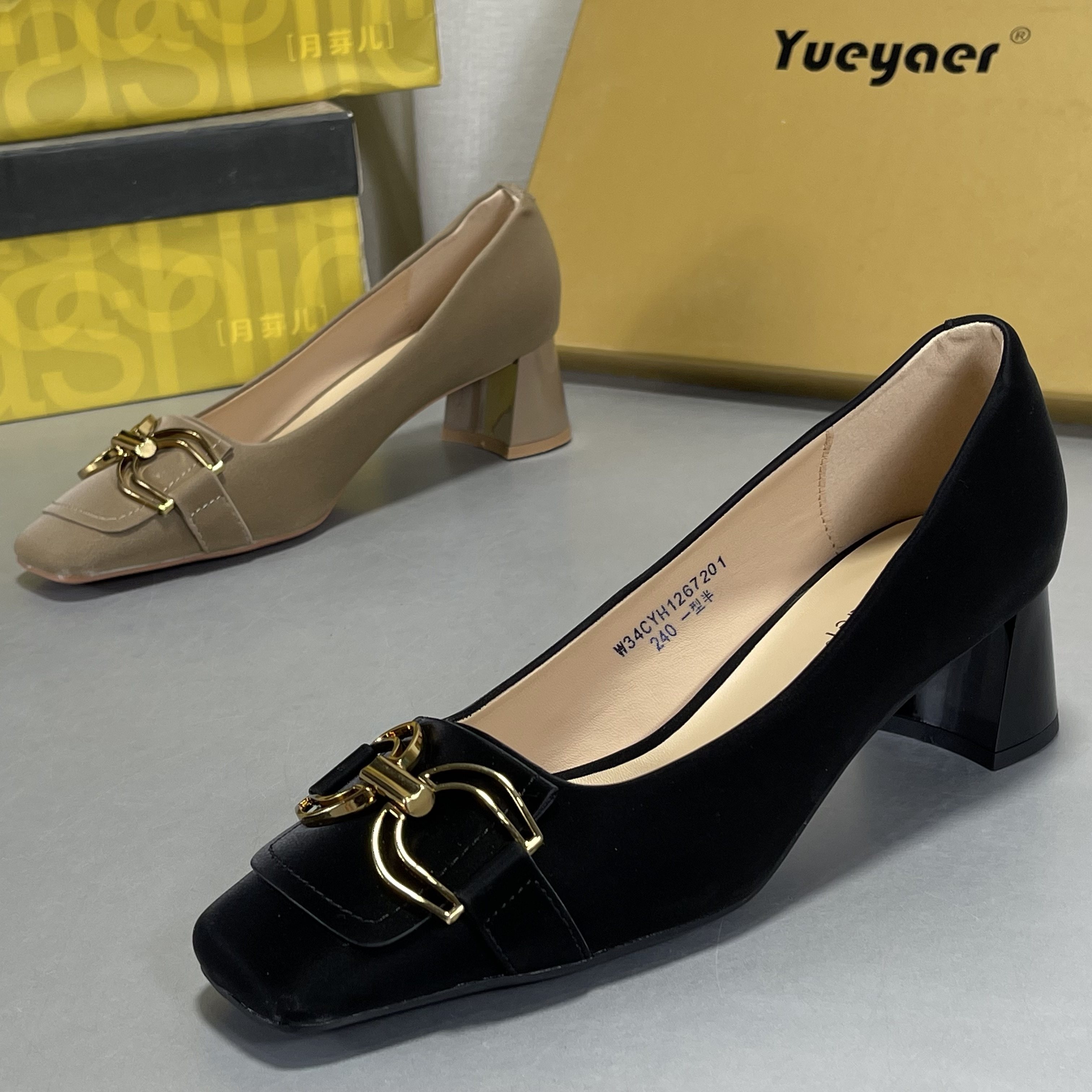 月芽儿法式方头高跟鞋女粗跟2026新款气质百搭金属扣时装职业单鞋 - 晨晨外贸真皮鞋柜出品