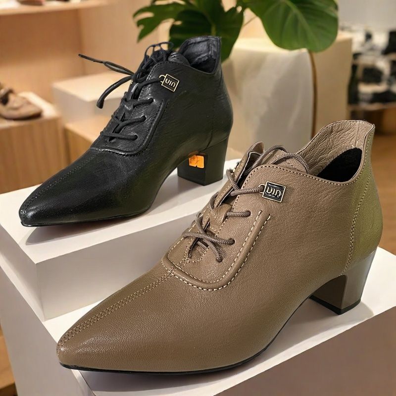 头层羊皮版~时装深口单鞋2025春新款尖头系带中跟真皮通勤及裸靴