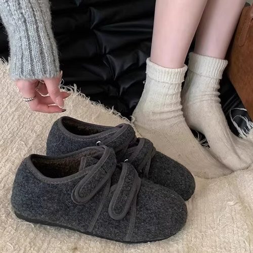 商场同款毛呢鞋女2025秋冬季加绒毛毛鞋棉鞋魔术贴厚底鞋子勃肯鞋