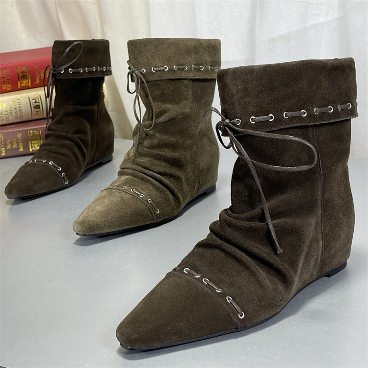 头层牛皮美拉德复古风内增高皱褶堆堆靴女尖头瘦瘦短筒西部牛仔靴,女鞋,时装靴,淘宝优惠券,粉丝福利购,淘宝优惠卷