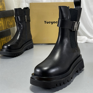 月芽儿正品牛皮真皮厚底中筒靴女2025秋冬新款切尔西靴厚底烟筒靴