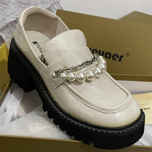 月牙儿正品头层羊皮玛丽珍鞋英伦风一脚蹬厚底真皮防滑漆皮乐福鞋