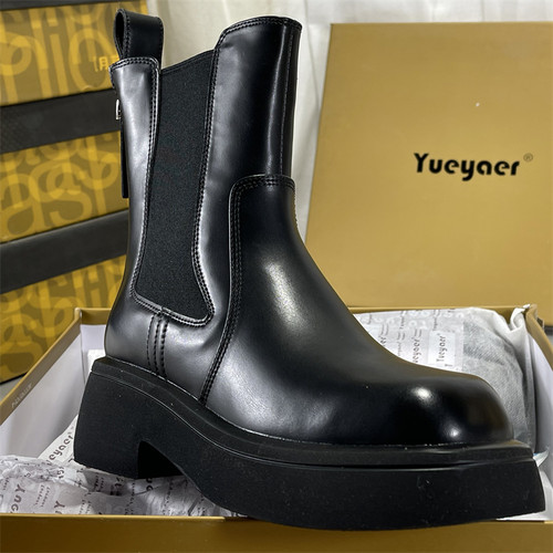 月芽儿头层牛皮厚底切尔西靴女中筒靴2025新款英伦风复古马丁靴女