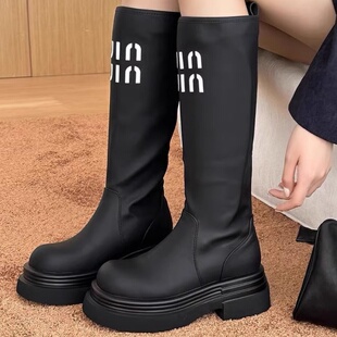 商场同款 不过膝骑士靴长靴 真皮高筒靴厚底松糕增高女靴2024秋冬款