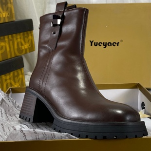 月芽儿女冬季 切尔西靴加绒加厚头层牛皮短靴复古粗跟英伦风马丁靴