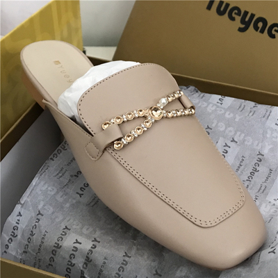 月牙儿轻微瑕疵掉钻夏季女真皮百搭包头半拖低跟穆勒鞋懒人一脚蹬