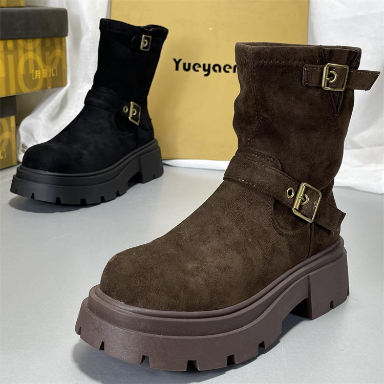 月芽儿加绒棉靴羊皮复古厚底高帮马丁靴女2025秋冬增高机车靴短靴