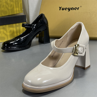 羊漆皮~ 月芽儿玛丽珍女鞋2026春款一字扣真皮方头浅口粗高跟单鞋