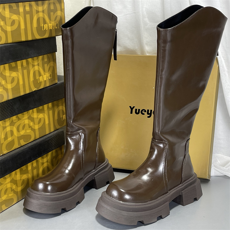 月芽儿真皮长靴女冬季加绒瘦瘦靴显瘦高跟骑士靴厚底棉靴长筒靴子