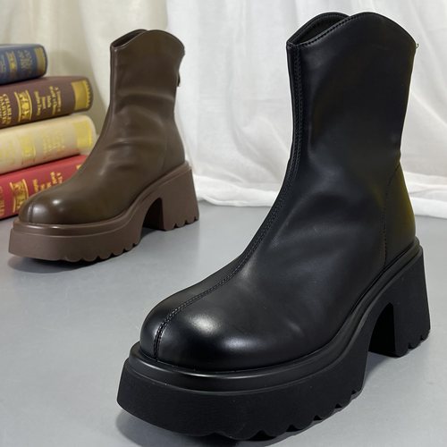 品牌折扣厚底短靴女2025秋冬新款加绒靴子中筒马丁靴真皮切尔西靴