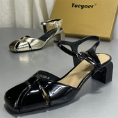 月芽儿真皮羊皮包头凉鞋 女粗跟中跟圆头中空包头一字扣玛丽珍凉鞋