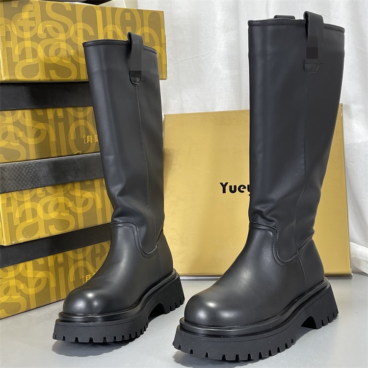 月芽儿加绒厚底长筒靴女秋冬季新款高跟显瘦长靴黑色骑士靴女真皮