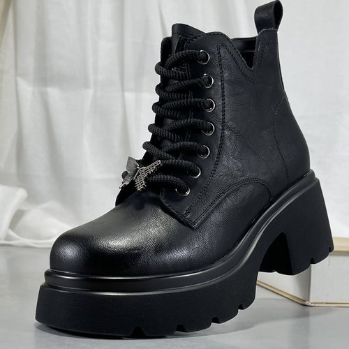 商场同款真皮短筒靴2025秋冬款英伦风马丁靴女粗跟系带小个子裸靴