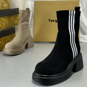 月芽儿真皮羊反绒厚底马丁靴女粗高跟磨砂短靴切尔西靴中筒瘦瘦靴