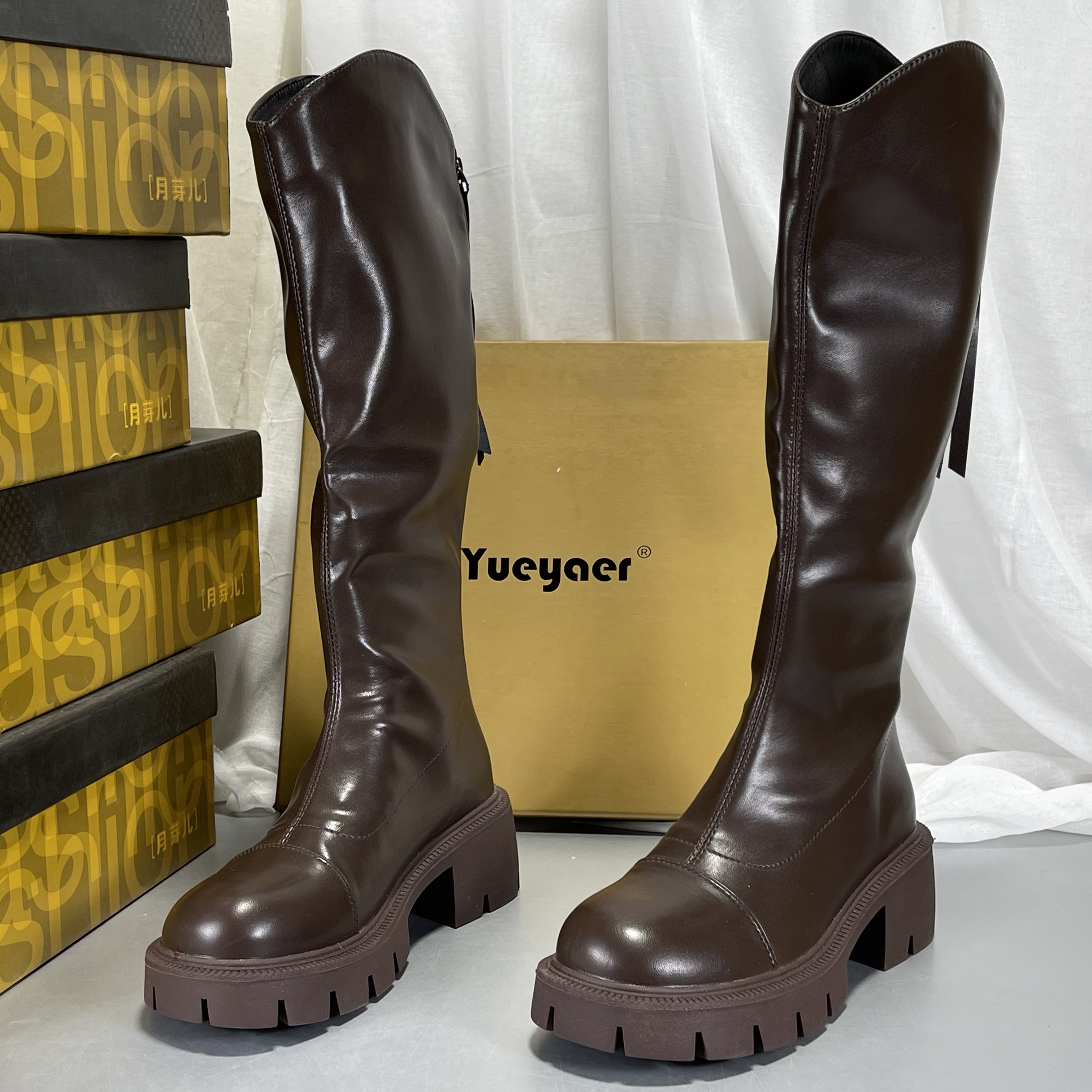 月芽儿真皮厚底粗跟骑士靴女不过膝长靴2025新秋冬加绒显腿长筒靴