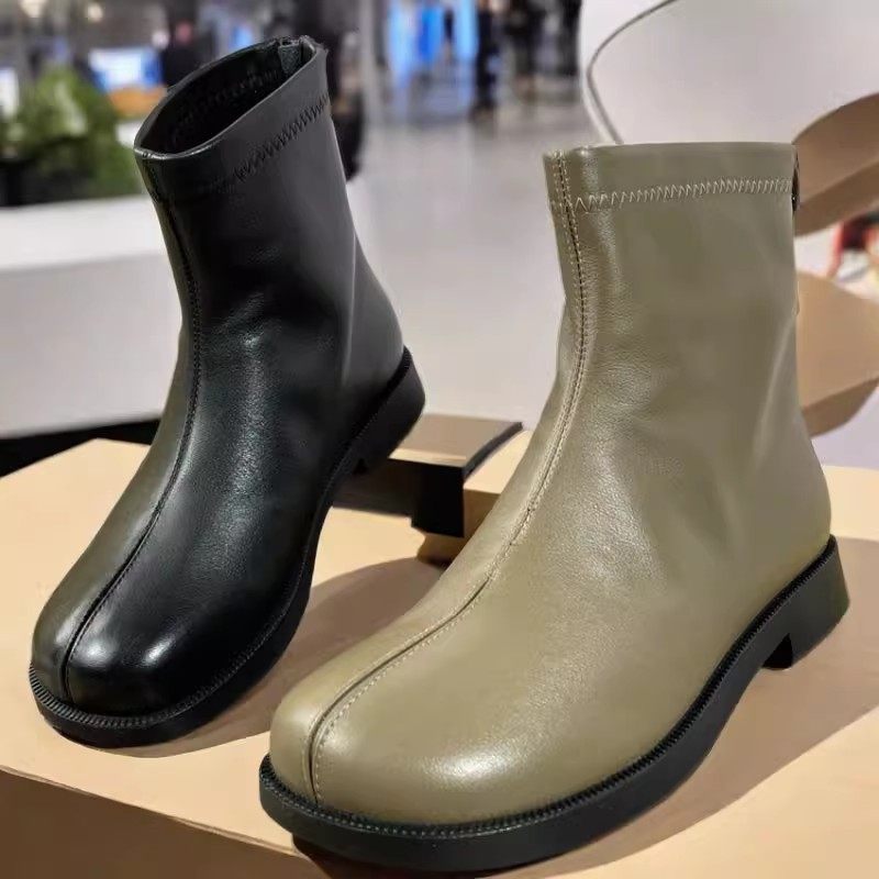 头层牛皮短靴女加绒秋冬款复古圆头软皮瘦瘦切尔西靴后拉链马丁靴