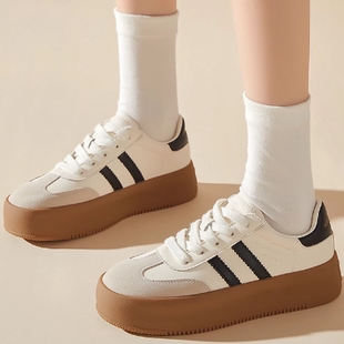 品牌女鞋头层猪皮厚底德训鞋2025秋新款运动休闲板鞋子百搭小白鞋