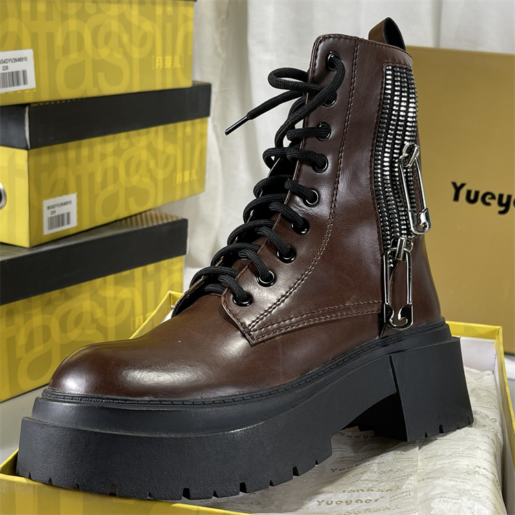 月芽儿撤柜头层牛皮复古马丁靴侧拉链里外全皮圆头休闲厚底机车靴