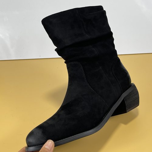 羊绒皮瘦瘦靴女2025秋冬复古尖头粗跟套筒中跟中筒靴真皮切尔西子