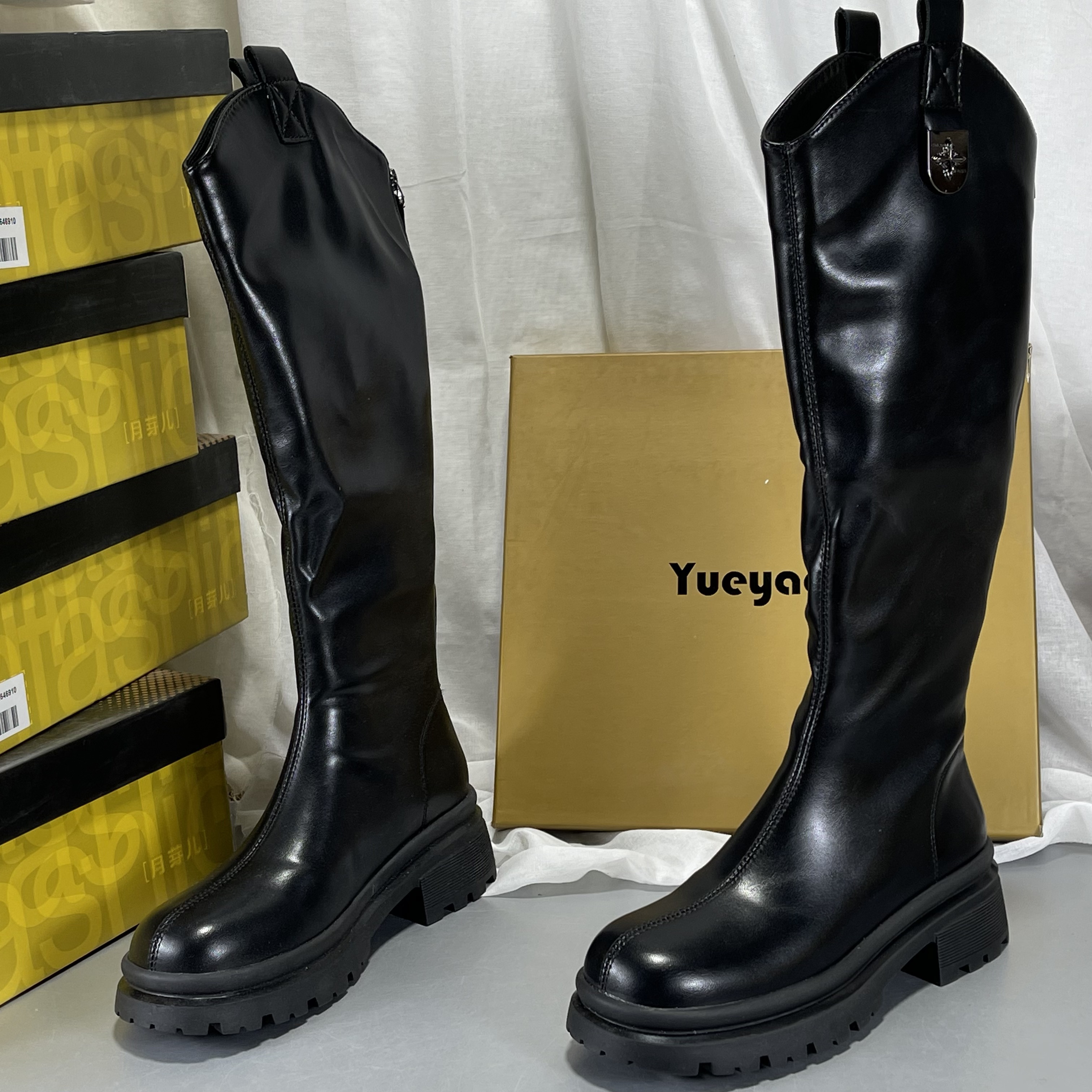 月芽儿真皮骑士靴女2025秋冬后拉链加绒厚底圆头长筒靴不过膝棉靴