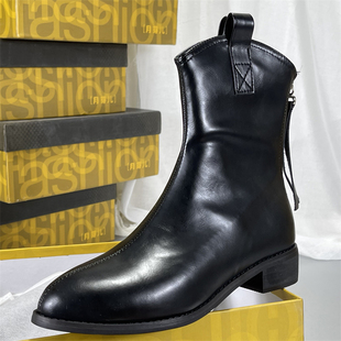 品牌折扣月牙儿切尔西女法式尖头后拉链真皮时装及裸靴加绒瘦瘦靴