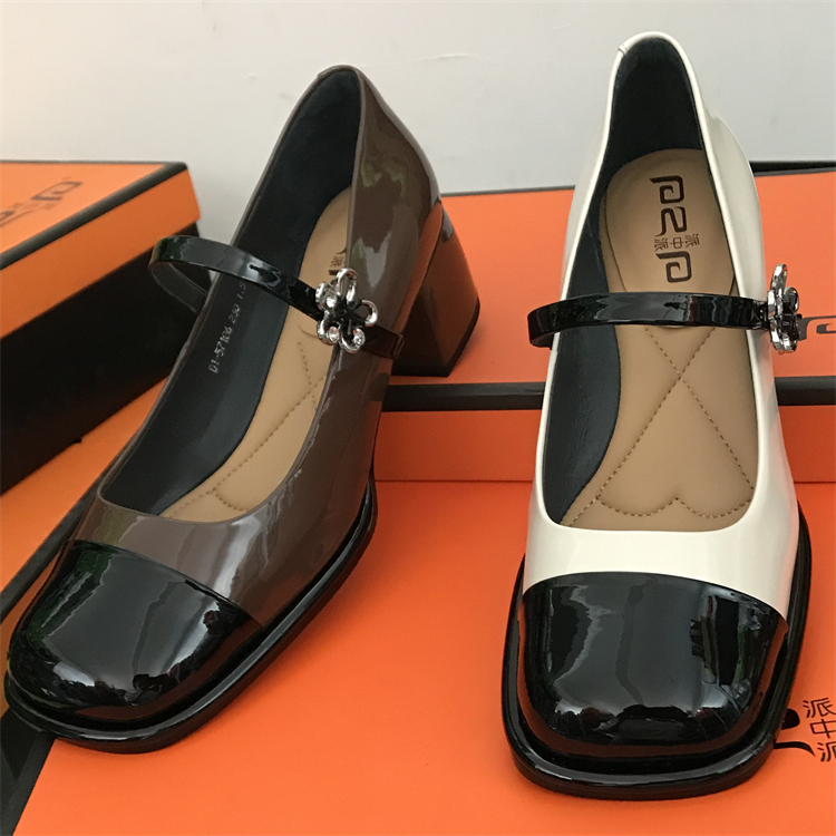 品牌清仓玛丽珍女鞋牛漆皮2025新款小香风法式单鞋浅口粗跟高跟鞋