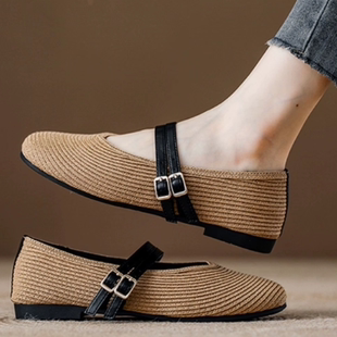 品牌撤柜真皮脚垫2025浅口一字带渔夫鞋女编织透气单鞋玛丽珍女鞋