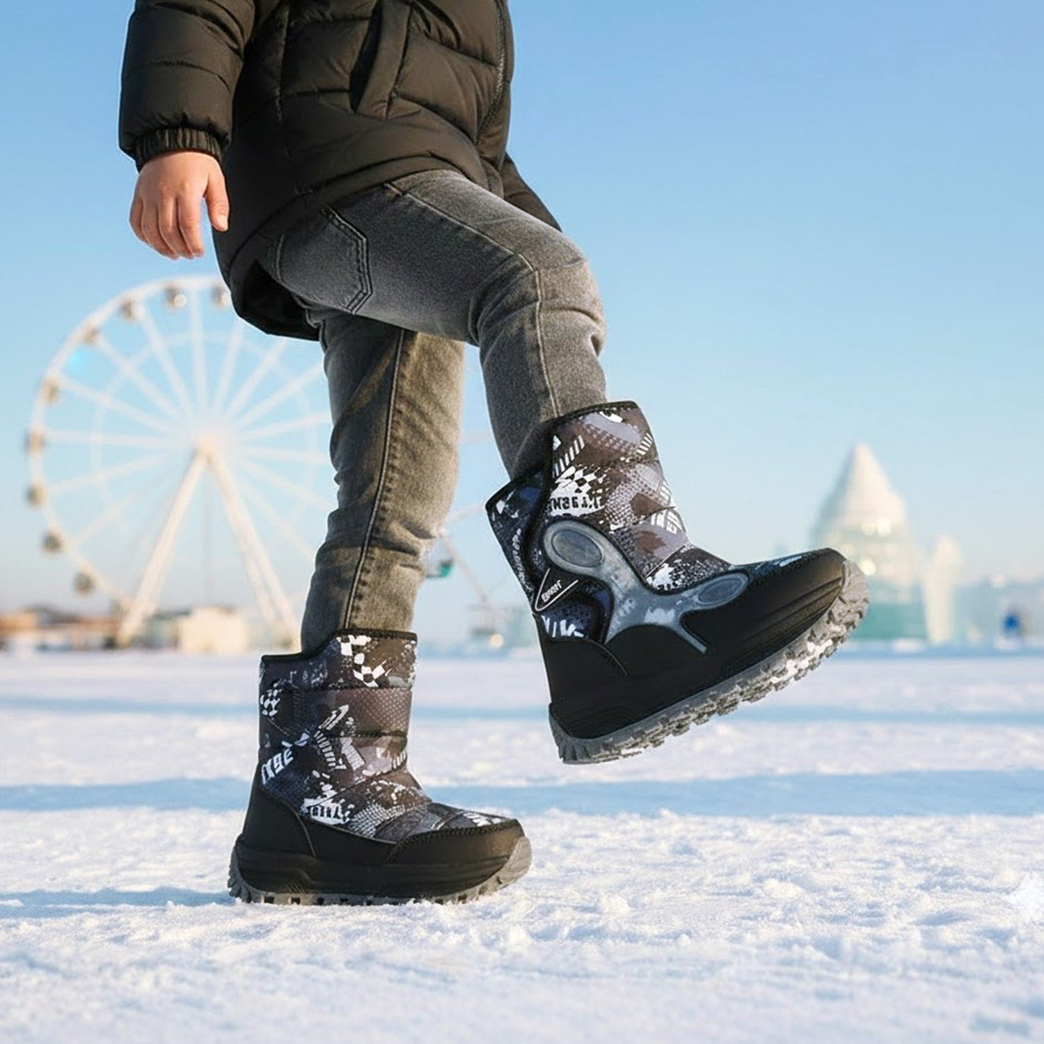 儿童中筒钢爪加绒防水防滑雪地靴