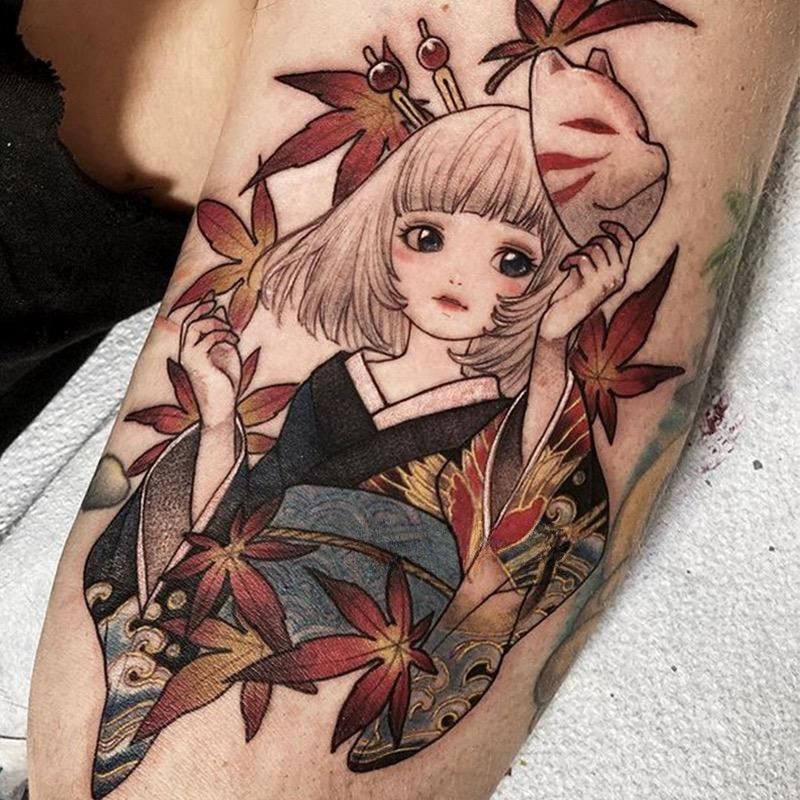 卡通可爱艺妓花臂纹身贴防水 女
