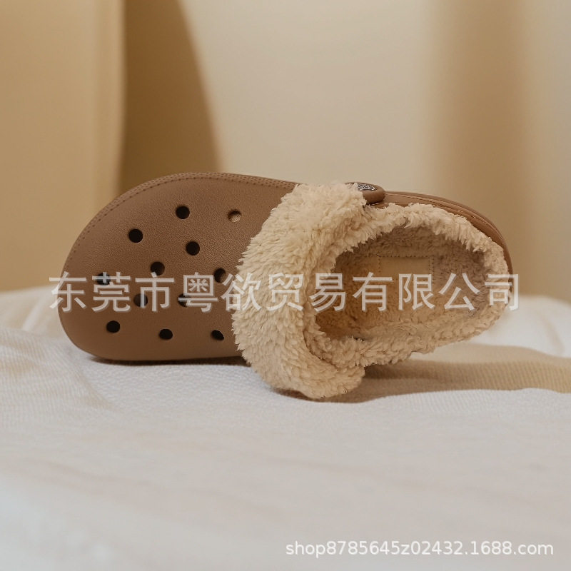 oroccs毛绒保暖鞋带毛绒洞洞鞋轻便防滑家居外穿一脚蹬拖鞋202586
