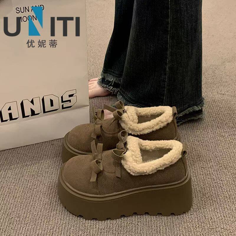 UNITY~厚底低帮加绒勃肯鞋2025冬季新款蝴蝶结可爱棉鞋洋气毛毛鞋