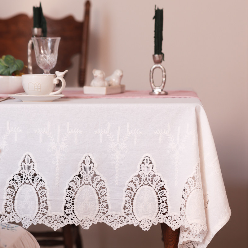 MISS PEONY白色棉麻防水防油桌布法式镂空蕾丝轻奢北欧美式餐桌垫,居家布艺,桌布,淘宝优惠券,粉丝福利购,淘宝优惠卷