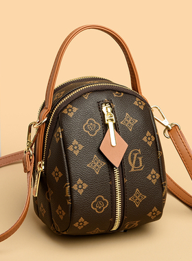 名牌真皮小圆包女2026春夏新款软皮印花手机零钱包百搭单肩斜挎包