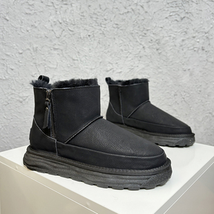 全羊毛侧拉链款！皮面防水男士雪地靴加厚百搭男款防滑东北大棉鞋